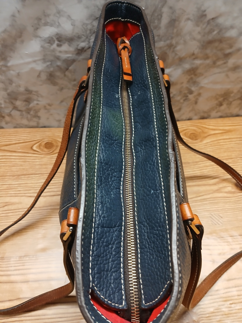 Dooney & Bourke Navy and Brown Pebble Leather Shoulder Bag - Picture 11 of 12